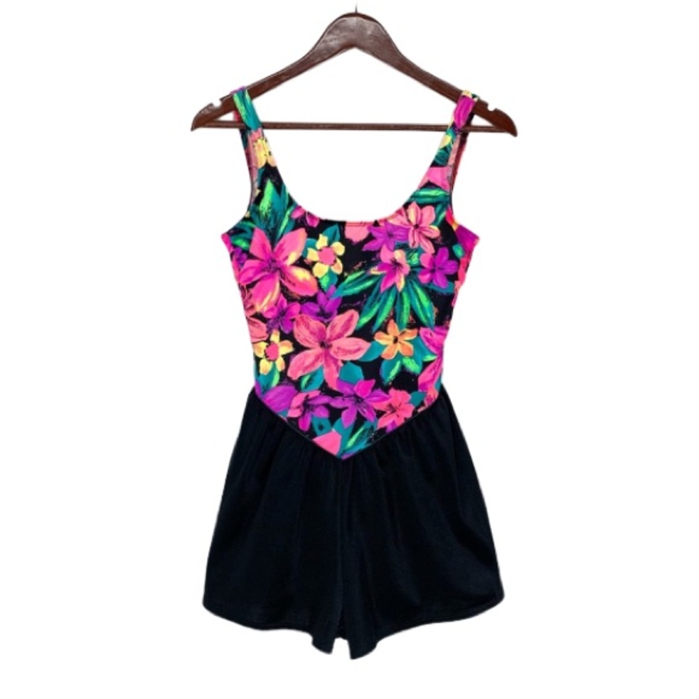 Vintage Maillot Battex Body ID Tropical Neon Black Romper Scooped Swimsuit